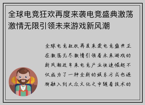 全球电竞狂欢再度来袭电竞盛典激荡激情无限引领未来游戏新风潮