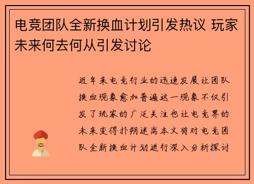 电竞团队全新换血计划引发热议 玩家未来何去何从引发讨论