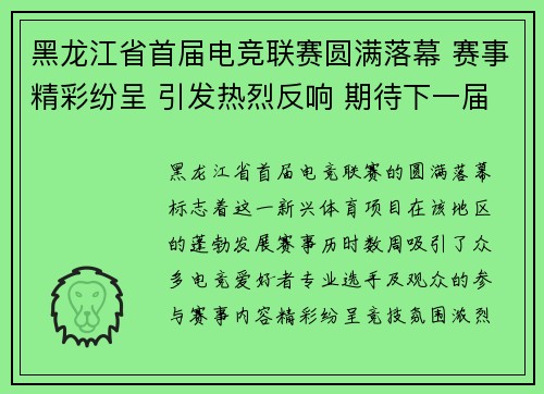 黑龙江省首届电竞联赛圆满落幕 赛事精彩纷呈 引发热烈反响 期待下一届更精彩