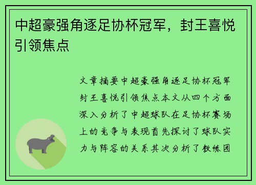 中超豪强角逐足协杯冠军，封王喜悦引领焦点