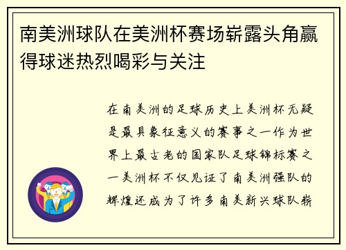 南美洲球队在美洲杯赛场崭露头角赢得球迷热烈喝彩与关注