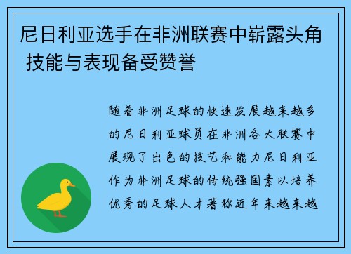 尼日利亚选手在非洲联赛中崭露头角 技能与表现备受赞誉