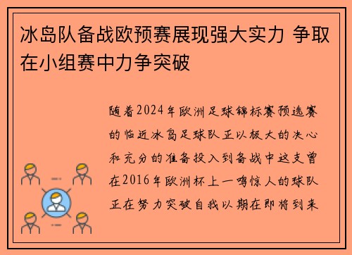 冰岛队备战欧预赛展现强大实力 争取在小组赛中力争突破