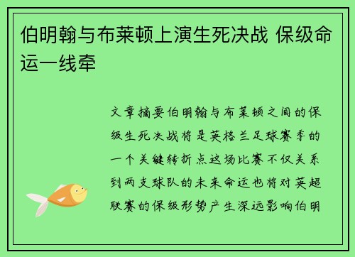 伯明翰与布莱顿上演生死决战 保级命运一线牵