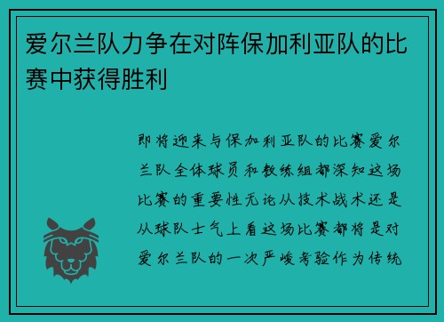 爱尔兰队力争在对阵保加利亚队的比赛中获得胜利