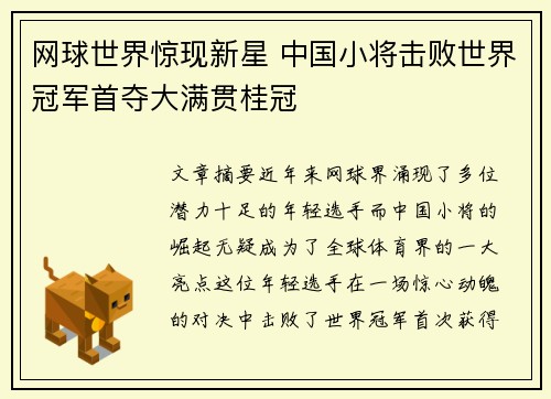 网球世界惊现新星 中国小将击败世界冠军首夺大满贯桂冠